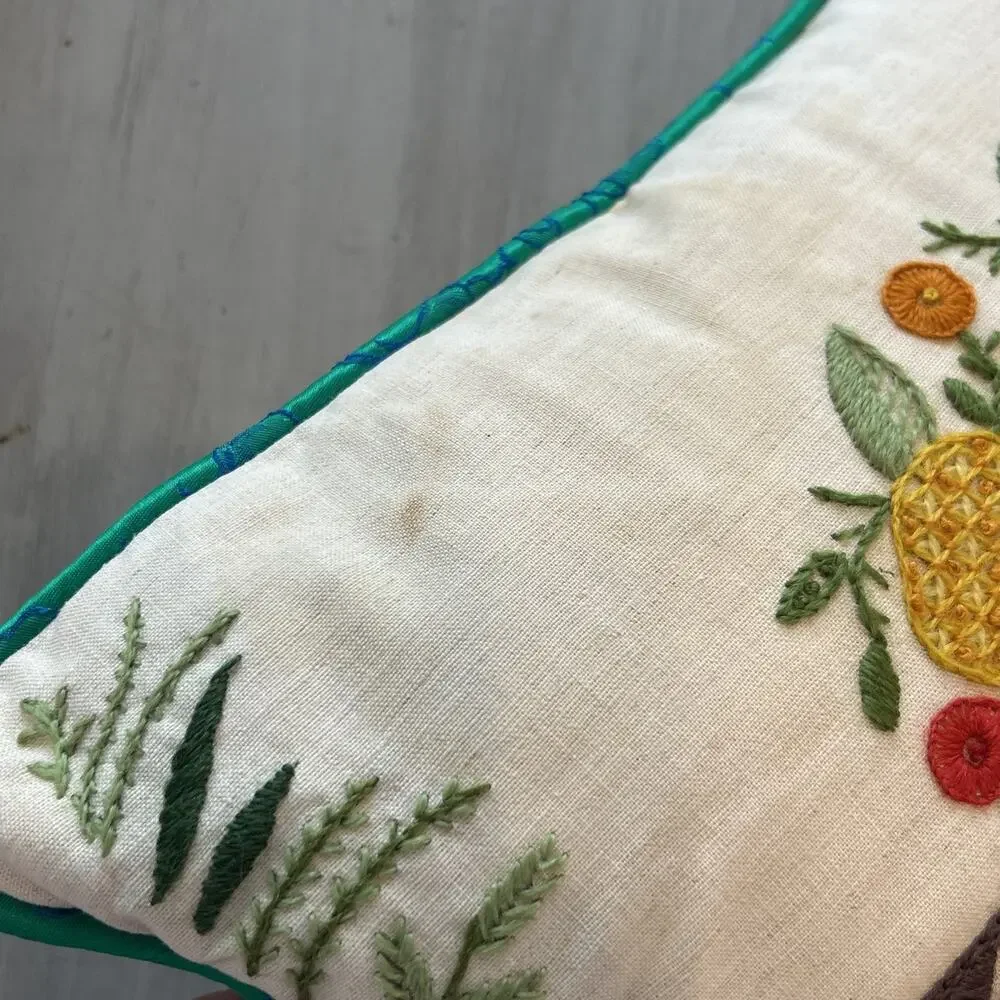 Vtg Pear Tree Crewel Needlepoint Fruit Tree Pillow 13”x13” Country Cottage